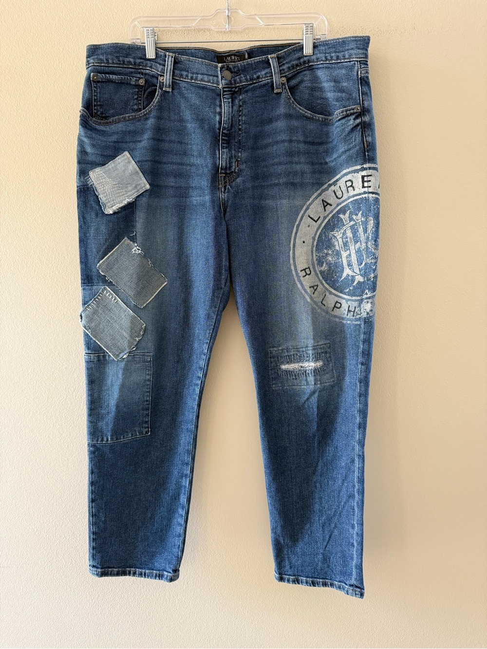 Lauren Ralph Lauren Blue Patchwork Distressed Tapered Relaxed Jeans